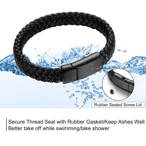 Black Leather Ashes Memorial Bangle - Remembrance Jewelry for Men Women - Picture 5 of 7